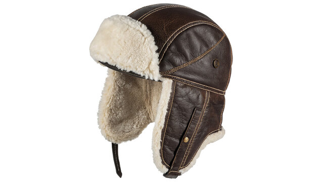 Classic warm brown leather aviator pilot winter trapper ushanka hat, isolated on transparent background.