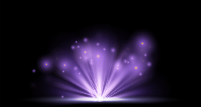 Purple glowing light burst with sparkles and bokeh on dark background, abstract magical energy rays and glittering particles, festive illumination for celebration.