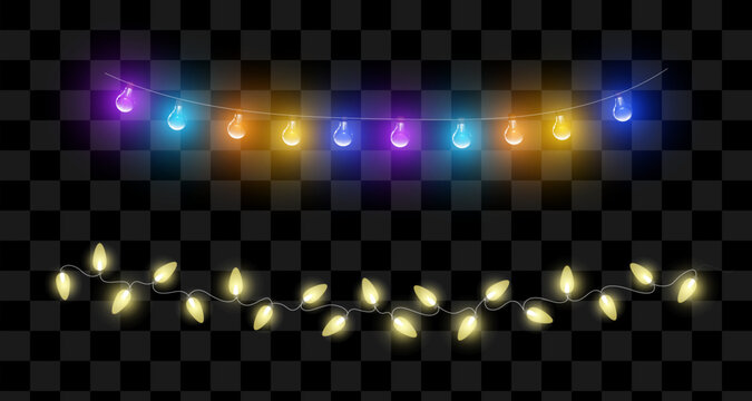 Festive garlands on a transparent background. All the lights glow softly, creating a bright and joyful atmosphere reminiscent of festive decorations.