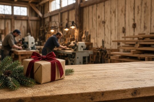 Brown paper package tied with red ribbon beside evergreen sprig in rustic workshop
