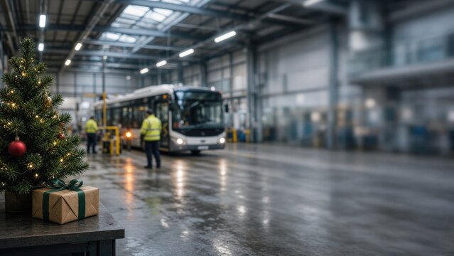 Christmas tree adorned with lights near bus arriving at industrial facility
