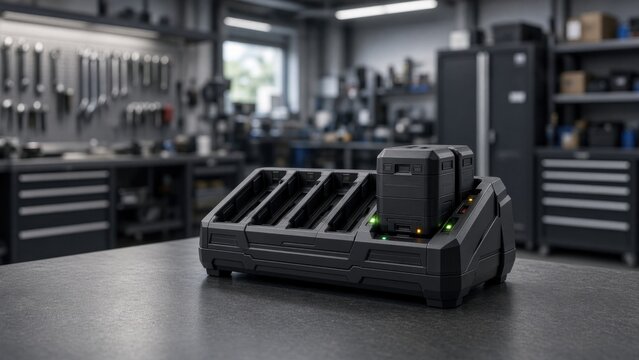 A sleek charging station in a modern workshop, ready for electric vehicle batteries.
