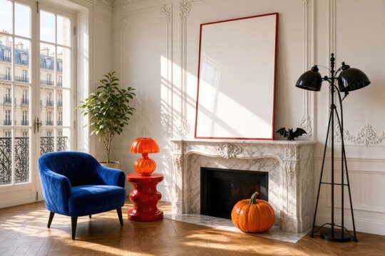 Bright, cozy interior featuring stylish chair, pumpkin, and empty frame for decor
