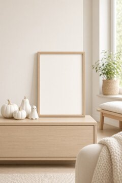 Minimalist interior showcasing blank frame, soft textures, and white pumpkins.