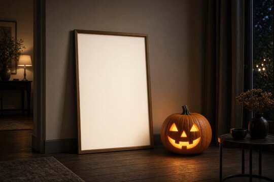 Cozy room with glowing pumpkin and empty frame for Halloween decor