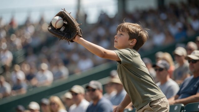 Young boy reaches out to catch baseball during lively game, excitement palpable