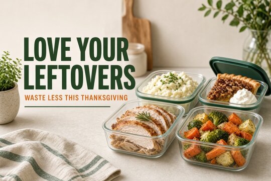 Delicious Thanksgiving leftovers neatly arranged in glass containers, promoting waste reduction