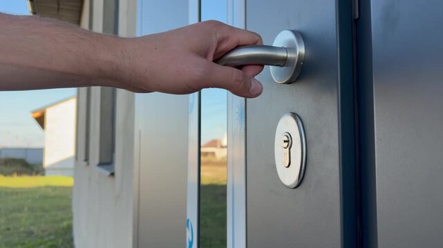 A worker's hand closes the home's exterior entrance door to check the quality of the installation. Construction, renovation, installation