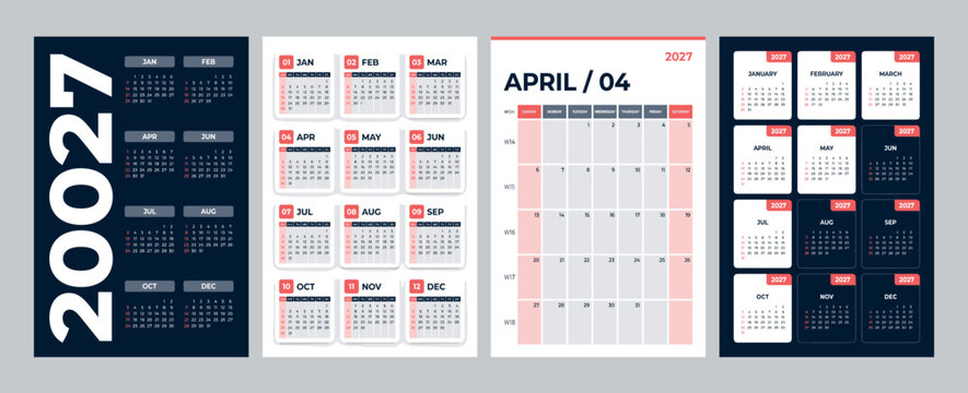 2027 calendar. 2027 Planner calender template with 12 month. Symple Layout Illustration. Week starts on Monday. Calendar Set for 2026 2027 2028 year 