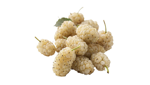 Bunch of fresh sweet organic white mulberries berries healthy fruit snack, isolated on transparent background.