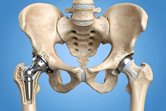 3d medical illustration of a human hip joint replacement surgery showing a prosthetic implant in the femur and pelvis