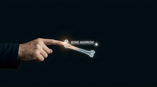 Hand pointing at digital bone marrow hologram on dark blue background