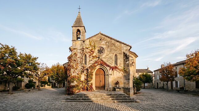 Beautiful stone church building with autumn ivy foliage in a quiet historic French village square at sunset