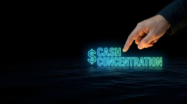 Hand pointing at glowing neon cash concentration text on dark water