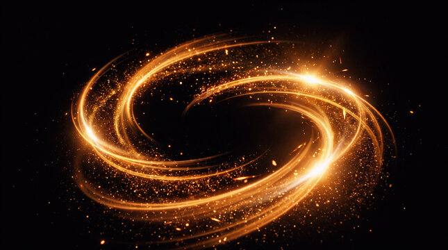 Glowing orange dust swirl overlay, sparkling light wave effect, magical twirl of luminous golden-orange particles