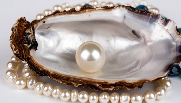 Oyster shell with pearl, necklace and stones in water on white background, flat lay