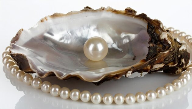 Oyster shell with pearl, necklace and stones in water on white background, flat lay