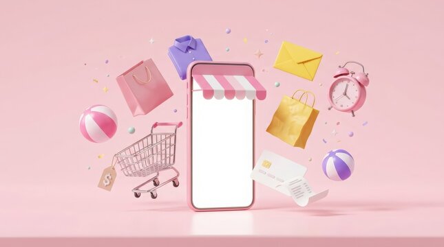 Smartphone with shopping cart and store items for online mobile commerce and digital retail sales concept on a soft pink background