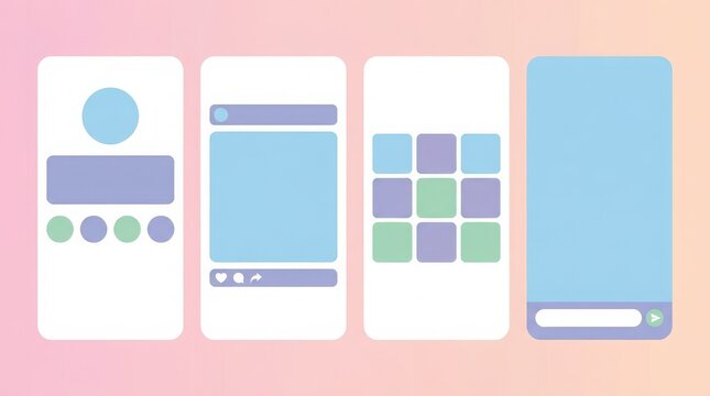 Set of mobile app user interface screens with social media feed profile and messaging layout in soft pastel colors