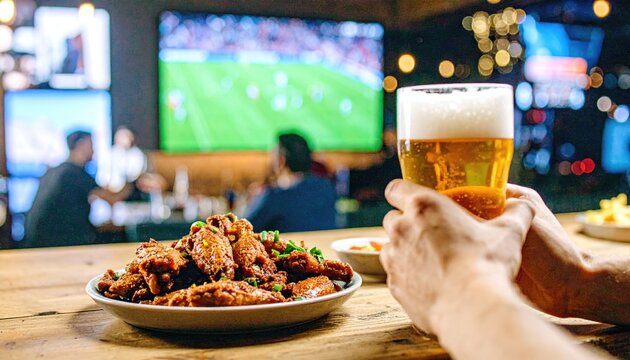Crispy chicken wings and cold beer enjoyed during an exciting football game in a lively sports bar 