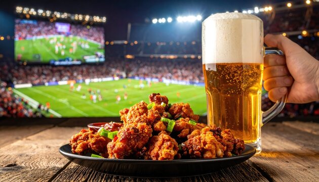 Crispy chicken wings and cold beer enjoyed during an exciting football game in a lively sports bar 