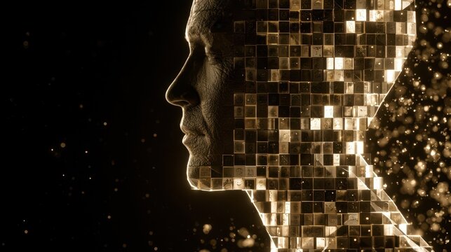 Portraitstyle medium shot of a fragmented human silhouette composed of illuminated geometric tiles bearing emotional icons highlighted with cinematic rim light on a dark backdrop