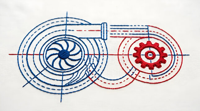 Technical drawing of a mechanical turbocharger system with red and blue gears showing engine engineering design process