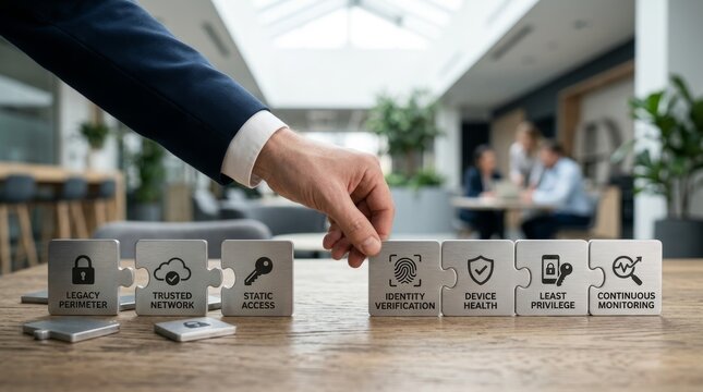 A businessman's hand moves a puzzle piece, depicting a zero trust architecture with concepts like identity verification, device health, and continuous monitoring, in a modern office.