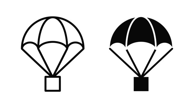 Minimalist black and white parachute icons featuring clean vector outlines and solid filled designs