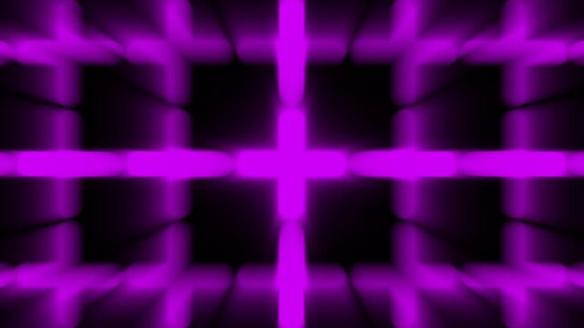 Abstract neon purple glowing cross symbols loop background, 3d radial blur plus sign