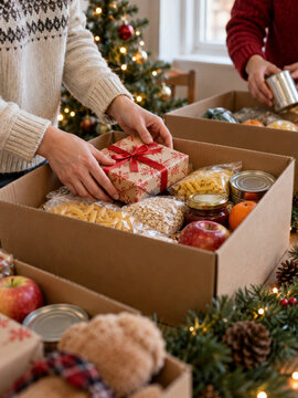 Hands adding a wrapped Christmas gift to a donation box with food, pasta, oats and fruit while another volunteer packs nearby, with a glowing tree showing community generosity and holiday care