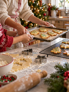 Adult and child hands carrying a tray of baked Christmas tree cookies toward a cooling rack, with dough, flour and cutters on the kitchen counter showing a shared holiday baking task in daylight