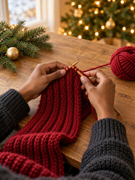 Merry Christmas photograph of brown hands knitting a red ribbed wool scarf with wooden needles beside a yarn ball on an oak table, with evergreen, gold baubles and glowing tree lights in a cozy home