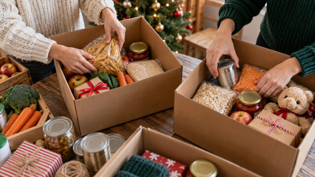 Volunteer hands packing Christmas donation boxes with food, pasta, rice, vegetables and wrapped gifts beside a teddy bear and glowing tree, showing practical community generosity at a wooden table