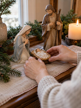 Hands placing infant Jesus in a manger between Mary and Joseph for a Christmas nativity display, with ceramic figures, a linen runner, evergreen branches and a candle showing quiet care at home