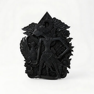 Black Intricate Javanese Wayang Kulit Gatotkaca and Garuda Relief, Transparent Background, Isolated on White