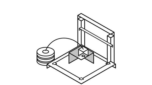 Minimalist monochrome vector animation of a desktop 3D printer building a geometric object layer by layer. Ideal for additive manufacturing, rapid prototyping, product design, engineering, digital fab