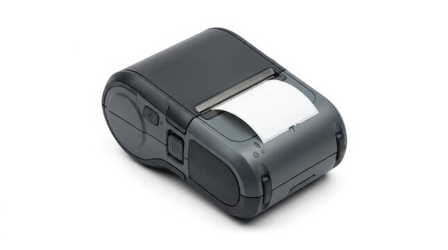 Modern compact portable thermal receipt printer made of matte dark grey plastic, displaying a blank white paper ticket emerging from the slot, shot in studio lighting on a clean isolated white