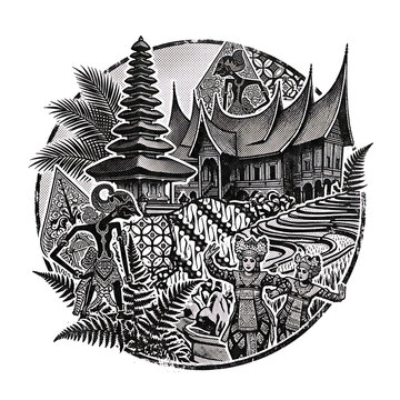 Vintage Indonesian Cultural Heritage Collage Illustration, Transparent Background Isolated on White
