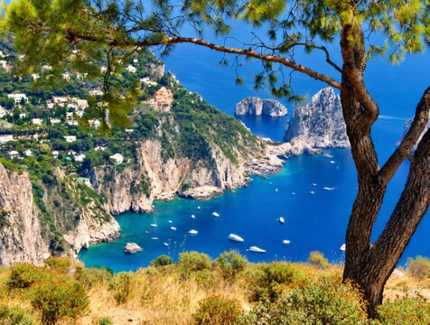 Faraglioni cliffs and boats in capri island bay