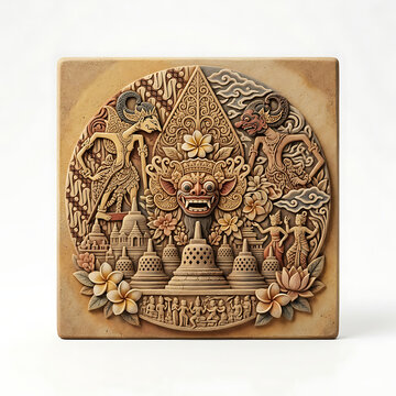 Traditional Indonesian Stone Carving Relief Featuring Borobudur and Wayang, Transparent Background, Isolated on White