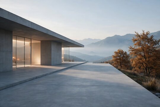 Modern minimalist concrete house with panoramic mountain view at sunset