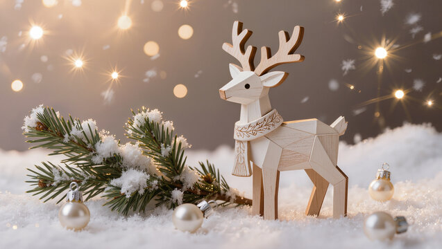 Wooden reindeer with a scarf stands among snowy pine branches and ornaments at Christmas