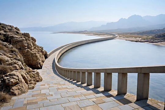 A scenic stone walkway curves along a calm coastline with rocky cliffs and distant mountains under a clear blue sky