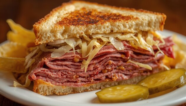 Pastrami Sandwich Feast: A delicious pastrami sandwich piled high with thinly sliced cured meat, tangy sauerkraut, and Swiss cheese.