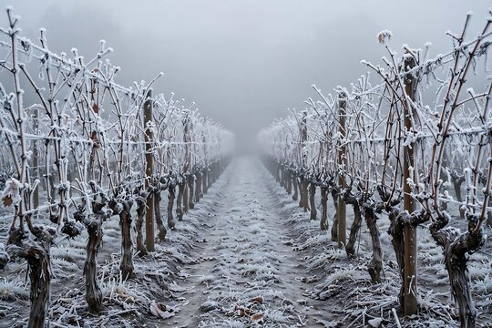 Rows of frozen grapevines in a vineyard covered with frost on a cold winter morning