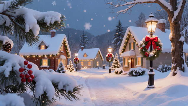 Snow-covered village street with decorated cottages and lamps at night in winter