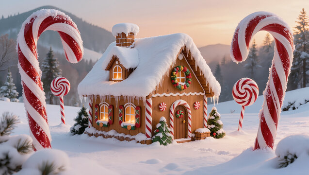 Gingerbread house decorated with candy canes in a snowy mountain setting at sunset