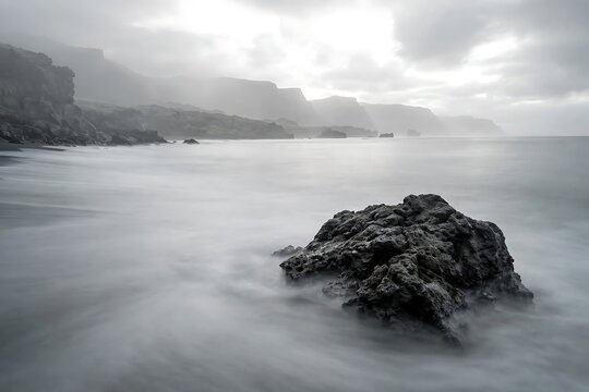Dramatic moody seascape with a large dark rock in the foreground and misty cliffs in the distance