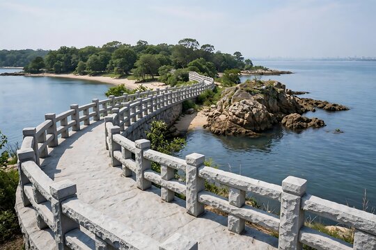 Curved stone pedestrian bridge along a scenic coastal path with rocky shoreline and lush green trees